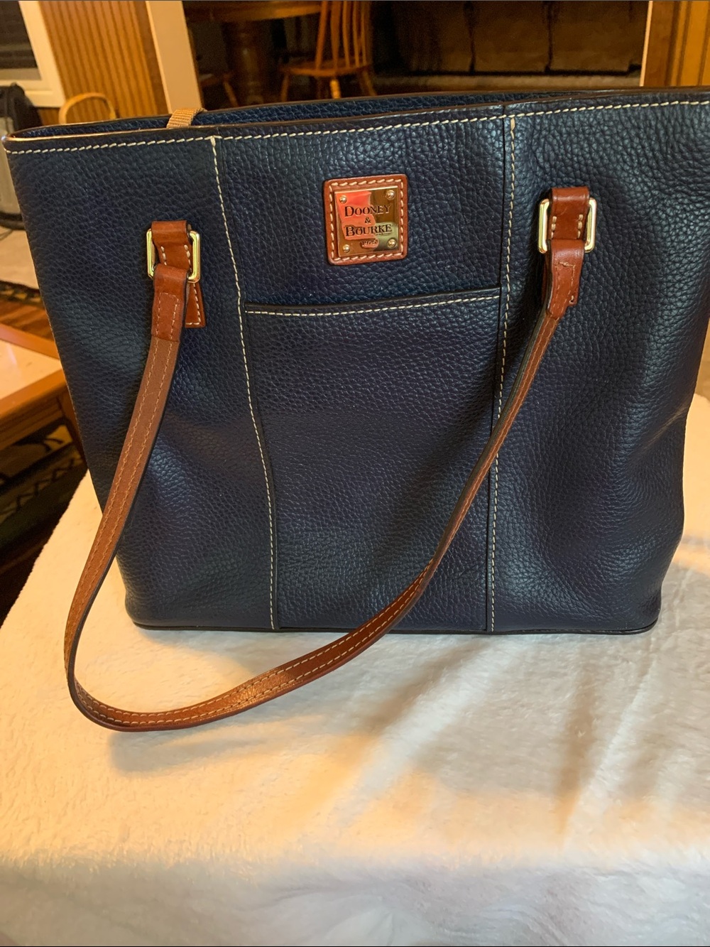 Dooney & Bourke Navy Pebbled Leather Tote with Brown Straps Like NEW Purse Bag